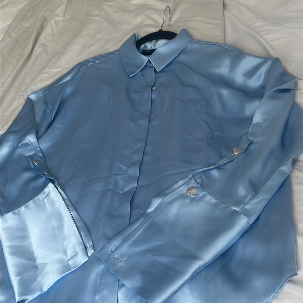 🆕Blue satin blouse with Button-Down Collar